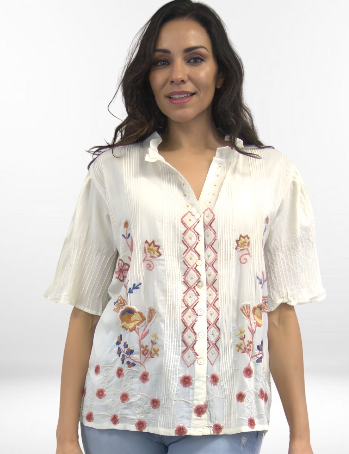 AMORA BLOUSE | Embroidered Tissue Cotton Pintuck Blouse