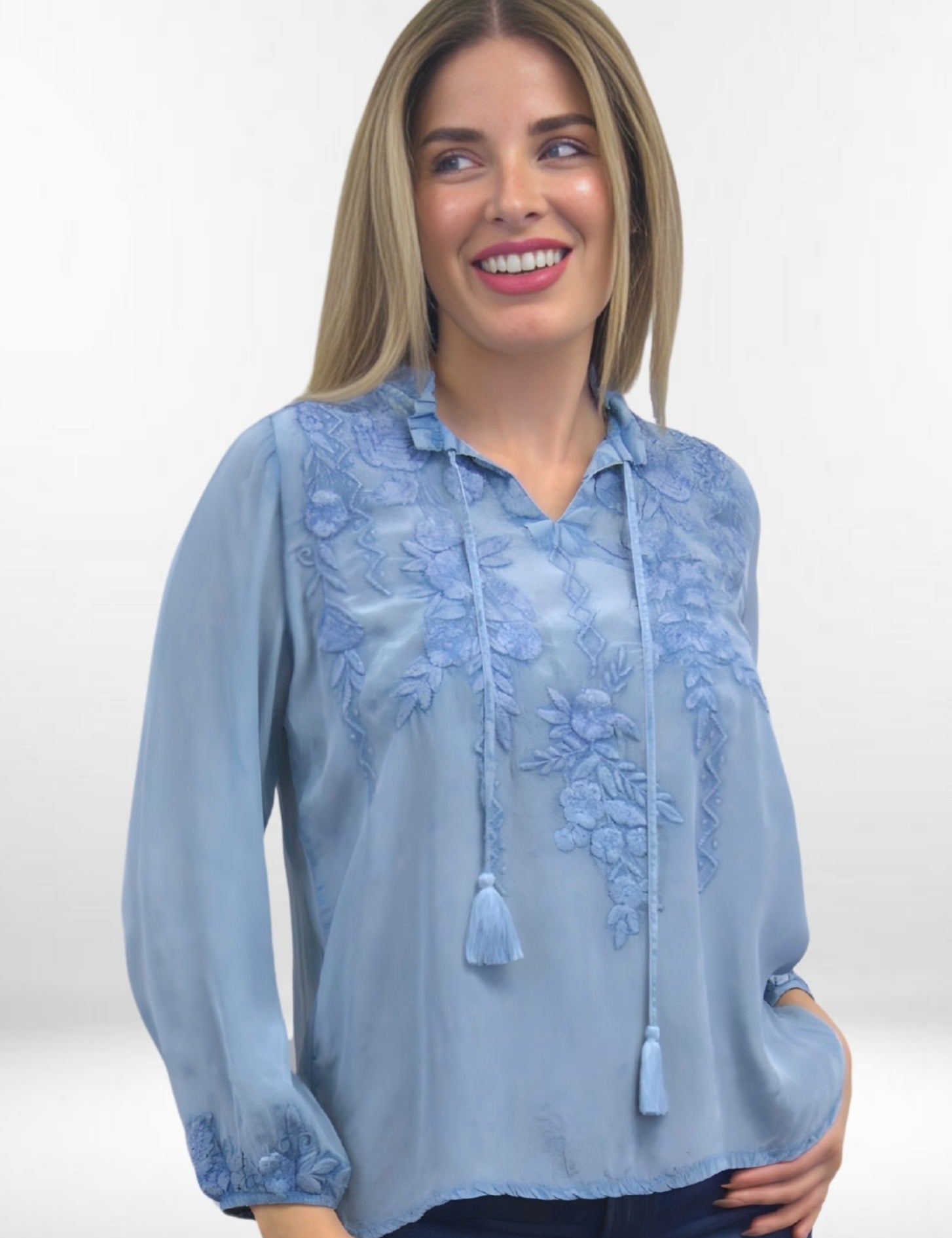 WILLA BLOUSE | Tonal Embroidered Pullover Rayon Top