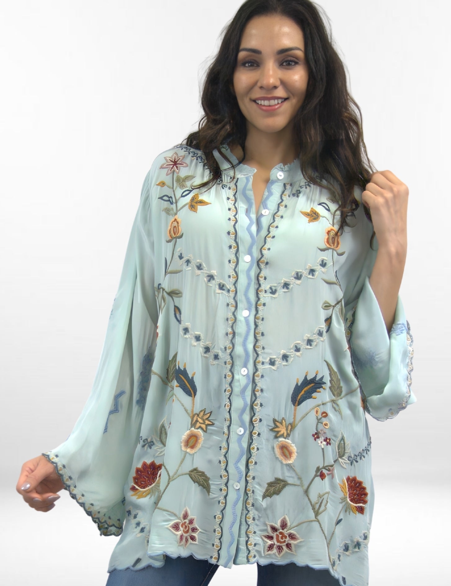 INA BLOUSE | Embroidered Rayon Tunic in Rainwater Blue