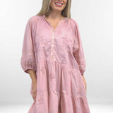 NIA DRESS | Pink Tissue Cotton Tiered Knee-Length Dress