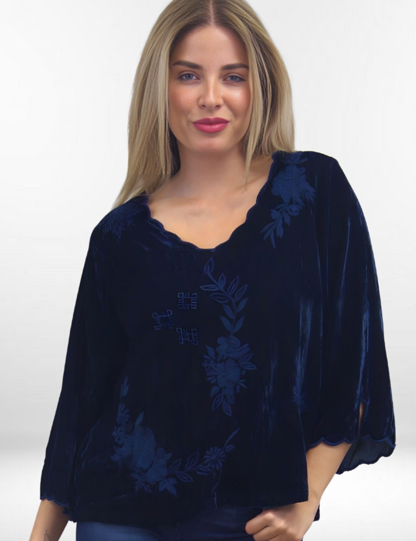 KIORA BLOUSE | 3/4 Sleeve Tonal Embroidered Velvet Pullover