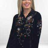 SELENA SHIRT | Black Velvet Embroidered Button-Up Top