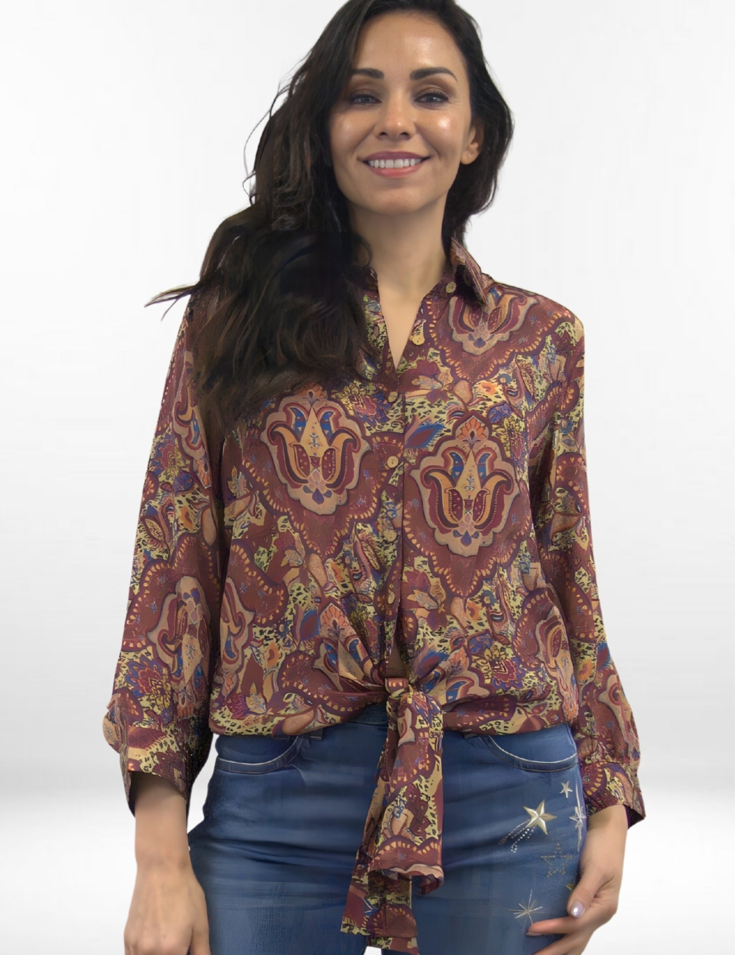 Jojo Printed Cupra Rayon Tie-Front Blouse