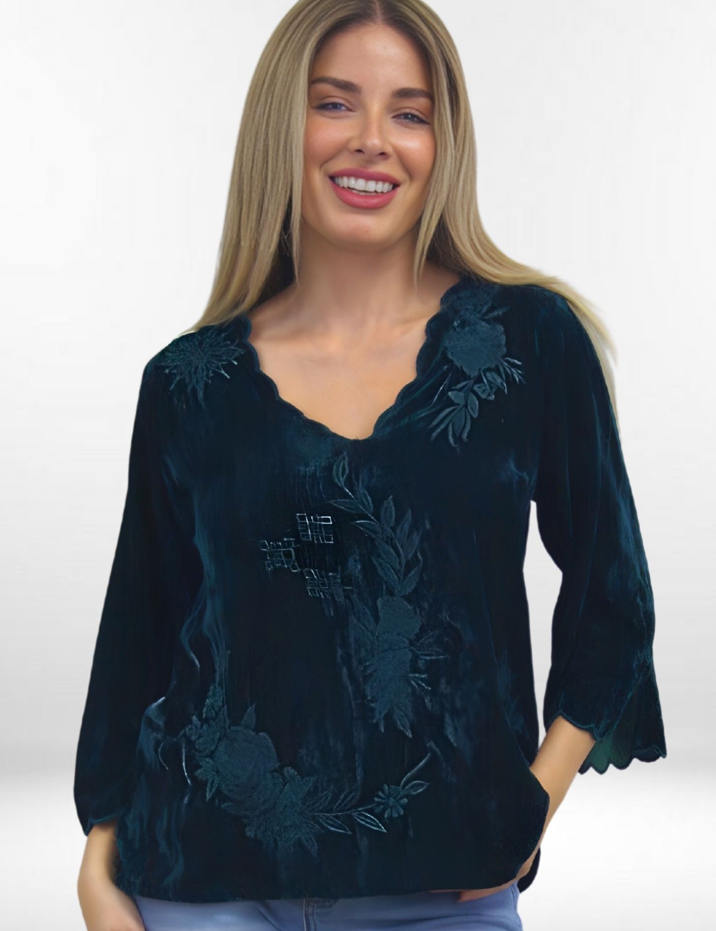 KIORA BLOUSE | 3/4 Sleeve Tonal Embroidered Velvet Pullover