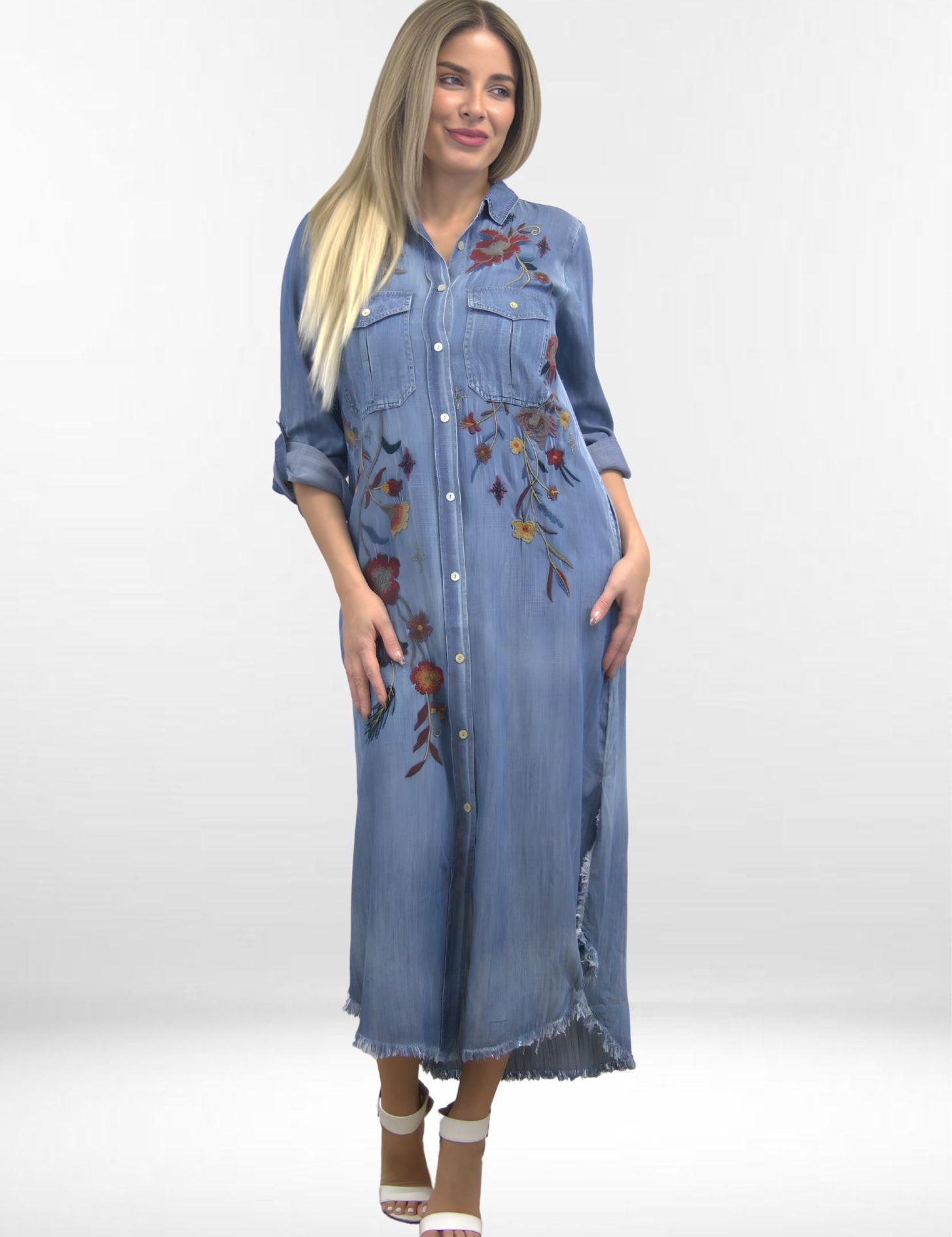 SAVINA DRESS | Embroidered Denim Midi Dress–Button Down