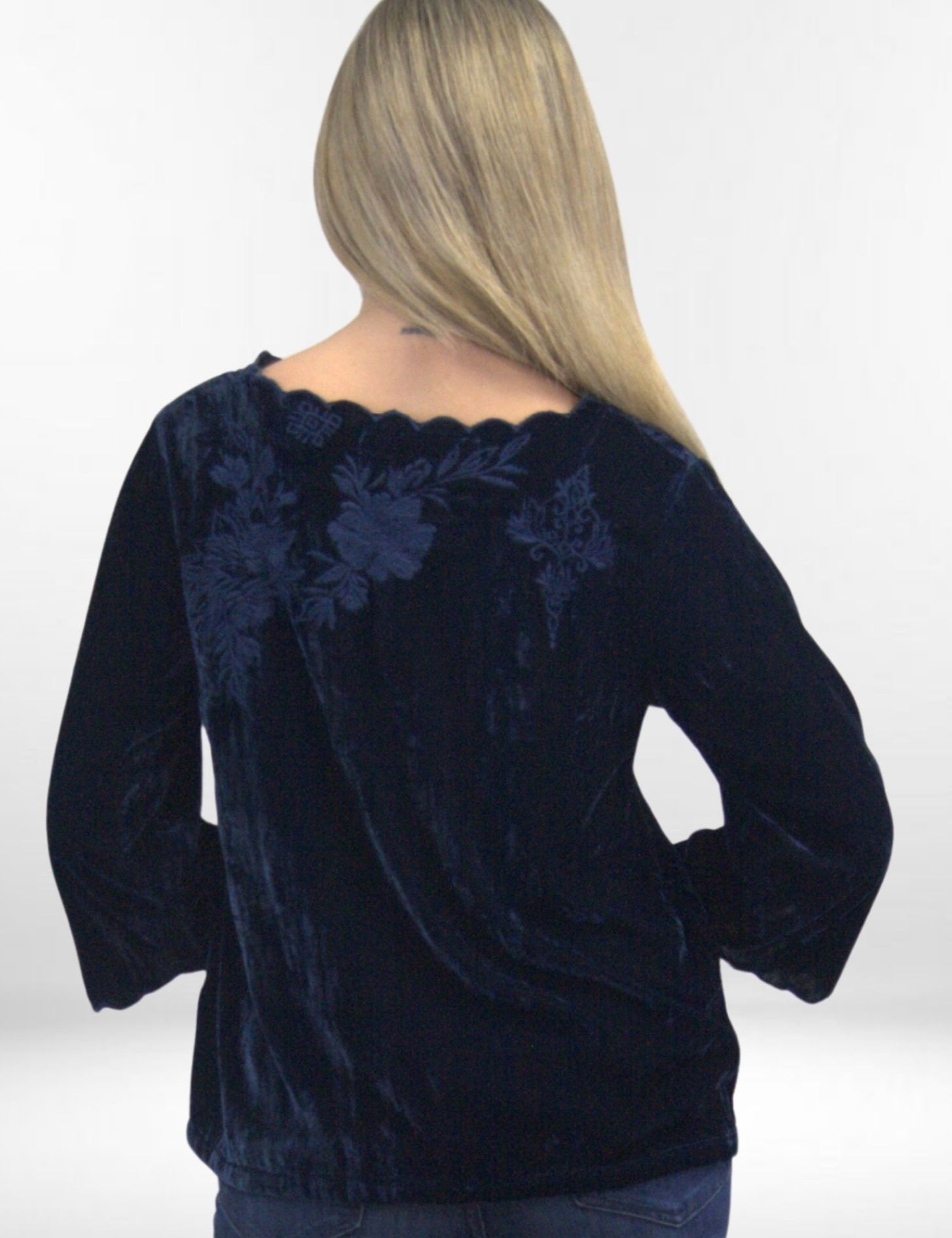 KIORA BLOUSE | 3/4 Sleeve Tonal Embroidered Velvet Pullover
