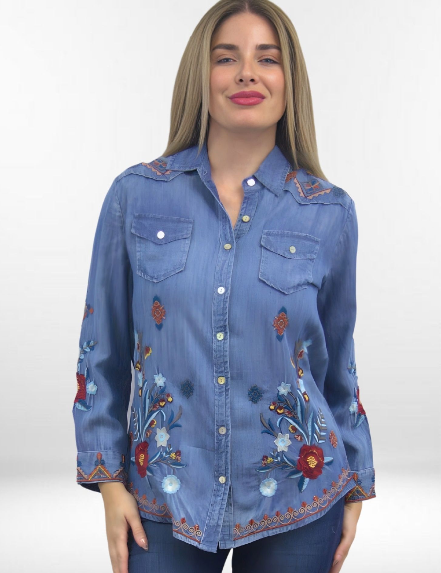 OLIVIA SHIRT | Tencel Button-Up Shirt with Embroidery