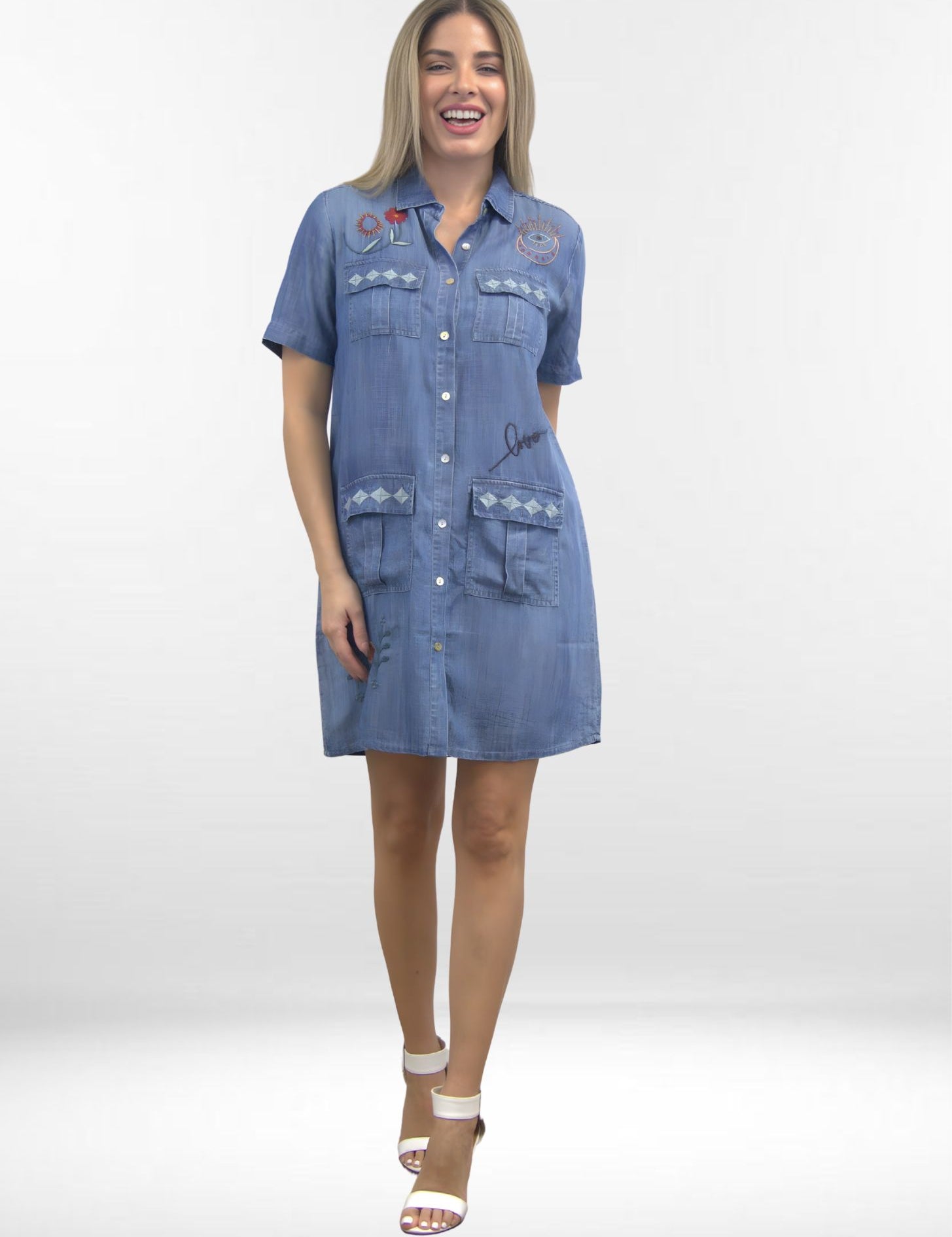 DEJA DRESS | Embroidered Button-Up Collared Oxford Dress