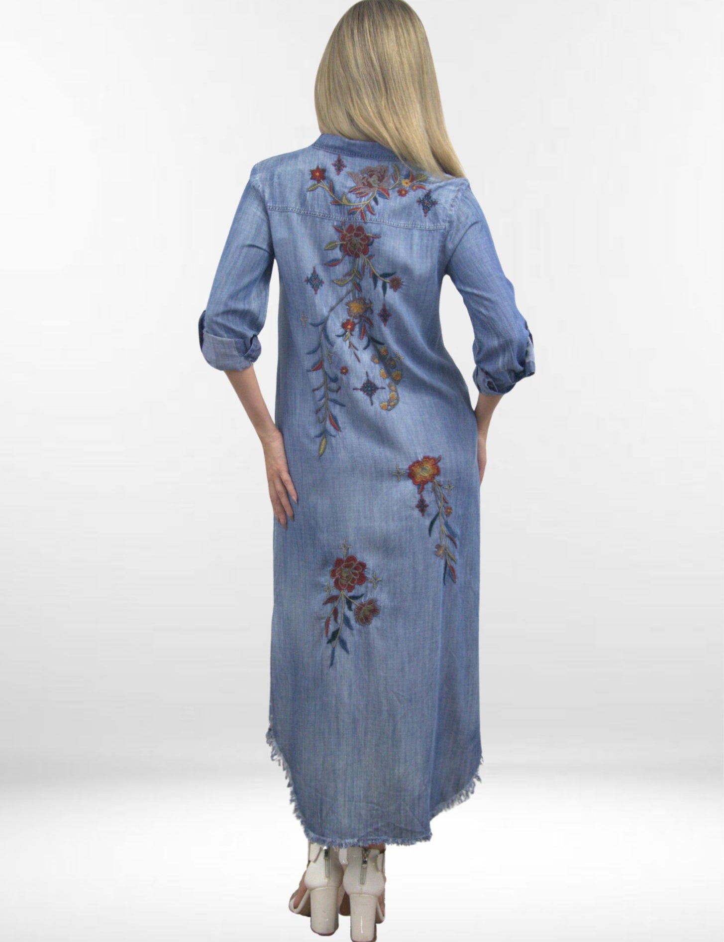 SAVINA DRESS | Embroidered Denim Midi Dress–Button Down