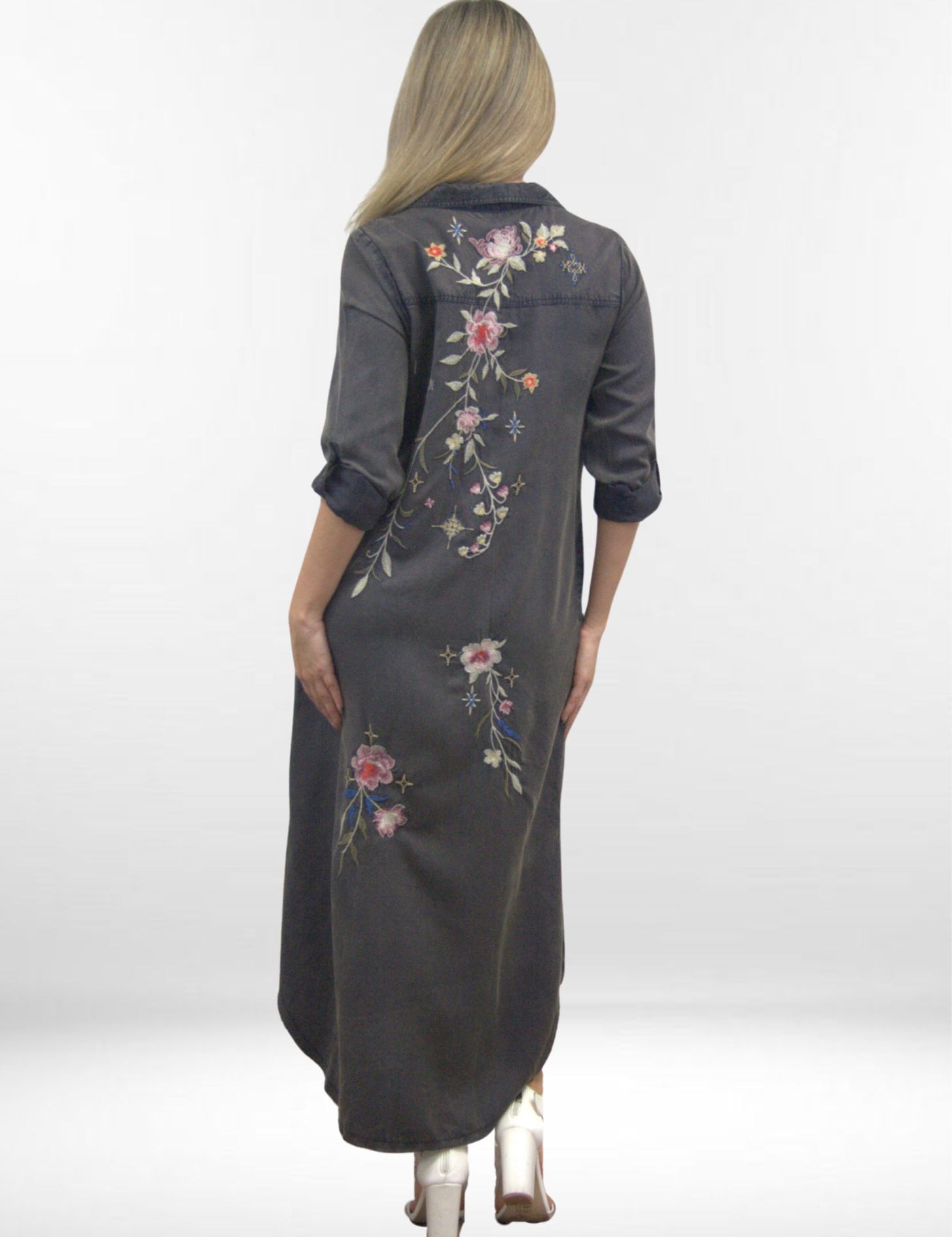 SAVINA DRESS | Embroidered Denim Midi Dress–Button Down