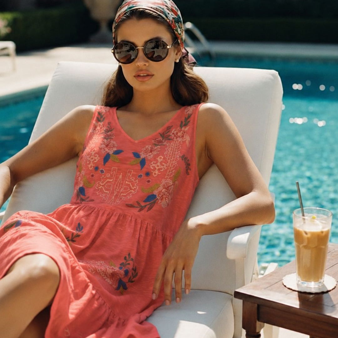 Woman in a pink dress sitting by a pool with sunglasses and a drink.